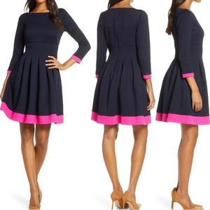Eliza J Navy Fit-and-Flare Dress with Hot Pink Trim